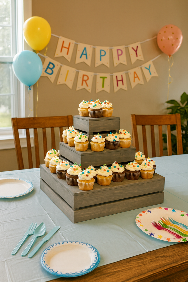 Rustic farmhouse cupcake stand in antique gray finish holding cupcakes for a birthday celebration.