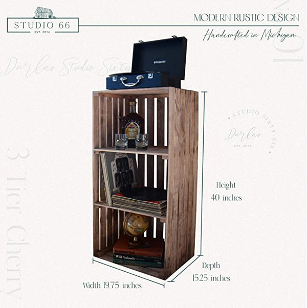 Modern rustic cherry 3 tier turntable stand with vinyl record shelves