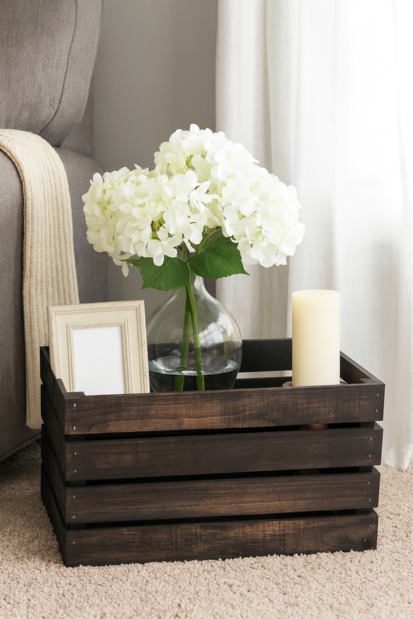 Handmade vintage dark crate with slat end design, versatile wooden storage solution