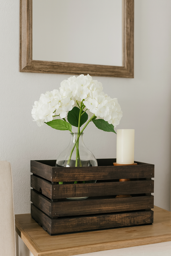 Dark wood slat end crate shown empty on white background, rustic home décor organizer