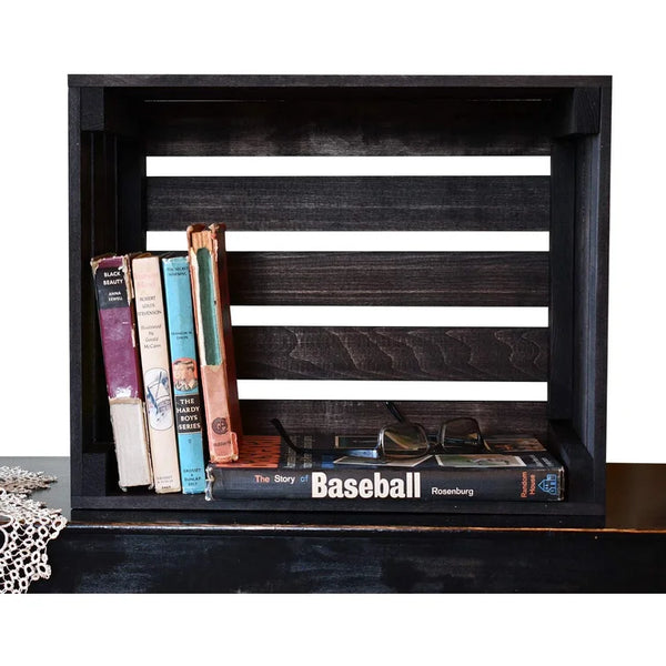 Rustic farmhouse style crate with slat ends, vintage dark finish for décor and storage