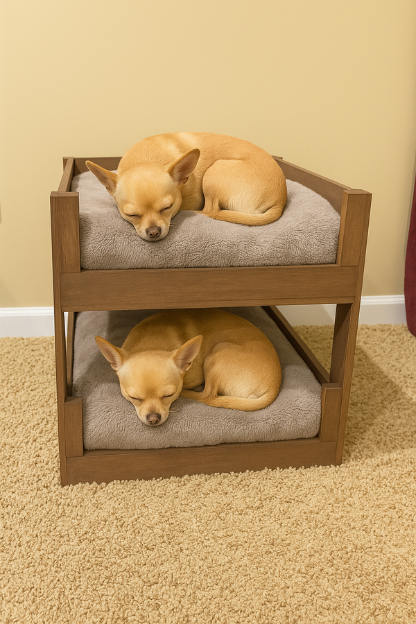 Small dogs resting on medium brown wooden pet bunk bed