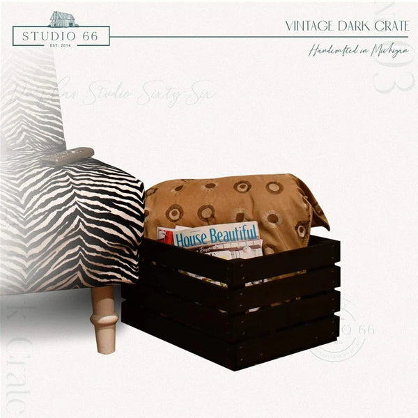 Side view of rustic dark slat end crate, handcrafted wood box for storage and display