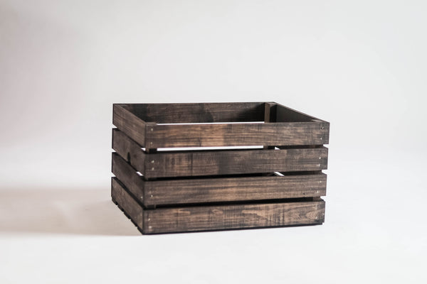 Farmhouse style dark stained crate with slat ends, rustic storage and display piece