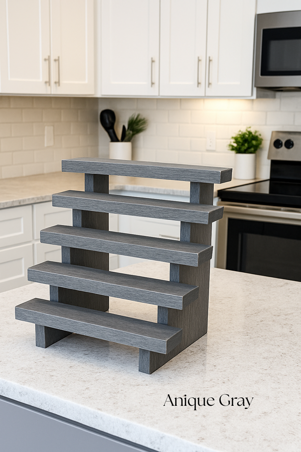 Rustic wooden spice rack in Antique Gray finish with 5-tier slatted shelves
