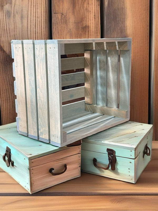Vintage blue stained wood crate stacked on decorative boxes, farmhouse rustic storage.
