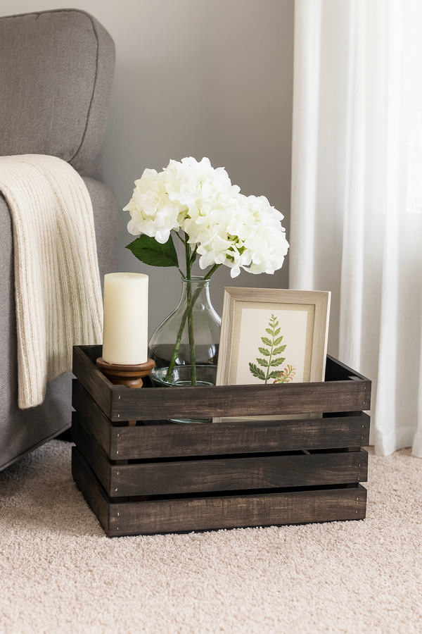 Vintage dark stained wooden crate with slat ends, rustic farmhouse storage box