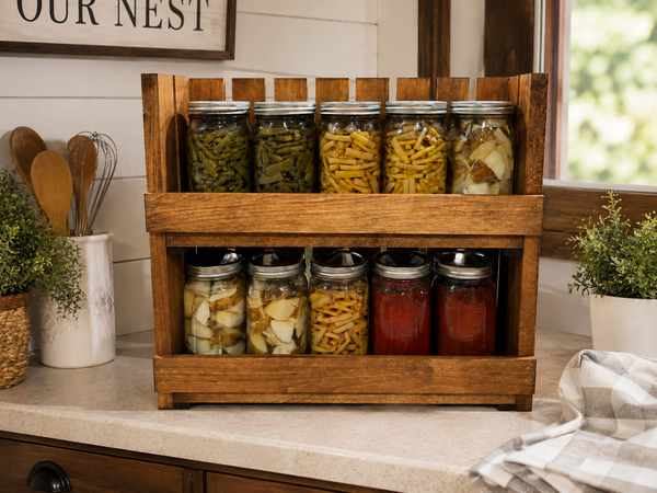 10-Jar Wooden Canning Jar Storage Rack – 2 Tier Quart Mason Jar Organizer