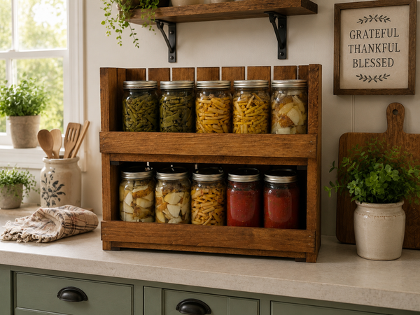 10-Jar Wooden Canning Jar Storage Rack – 2 Tier Quart Mason Jar Organizer