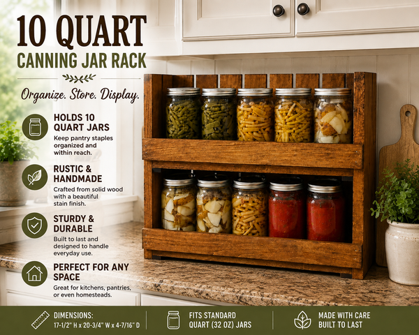 10-Jar Wooden Canning Jar Storage Rack – 2 Tier Quart Mason Jar Organizer