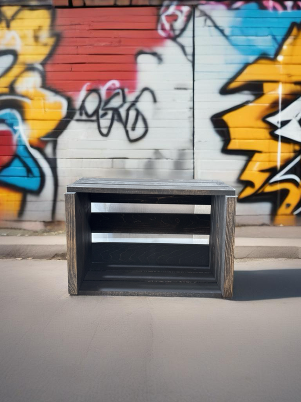 Handmade dark wood crate for 45 RPM records, rustic farmhouse style storage
