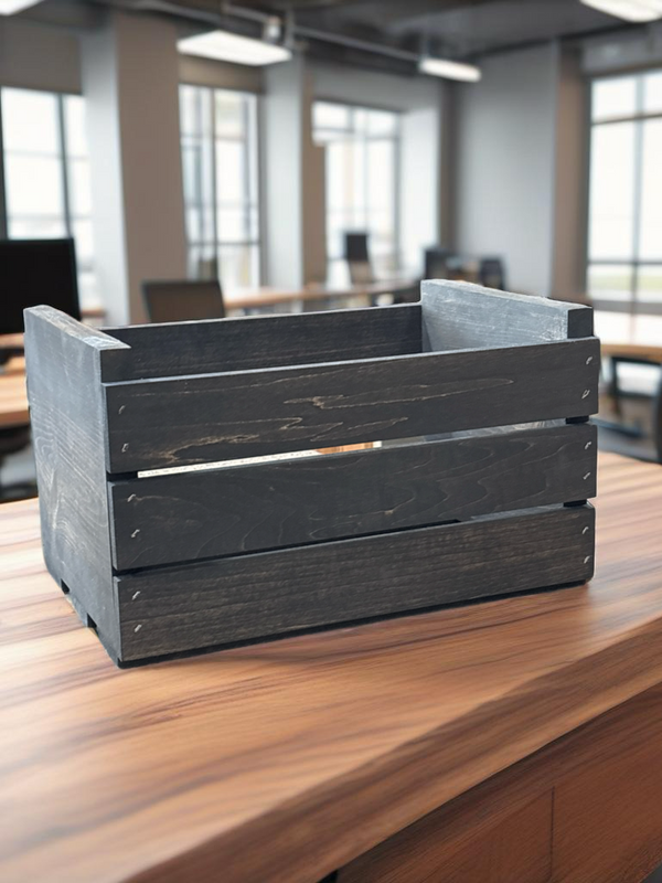 Small wooden record crate in dark stain, perfect for organizing 7-inch vinyl records