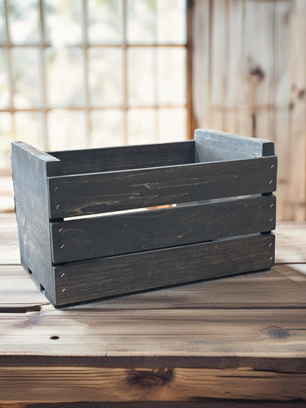 Rustic dark stained 45 RPM record crate, handcrafted wooden storage box