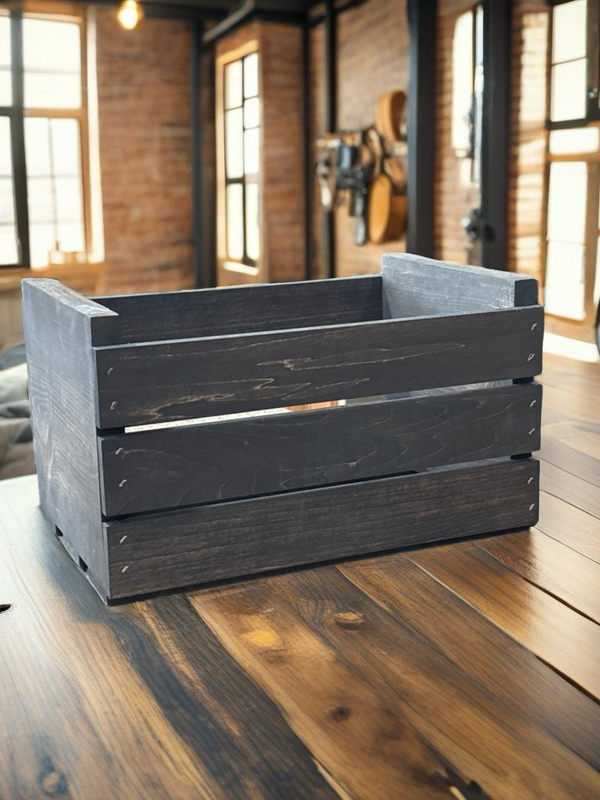 Handmade wood record crate in dark stain finish, fits 45 RPM vinyl albums