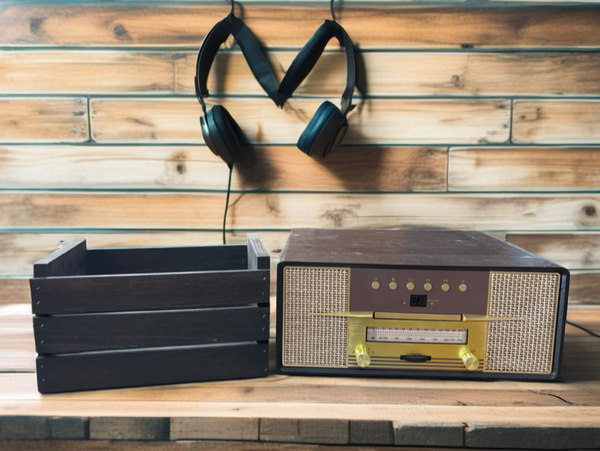 Dark farmhouse style wooden crate for 45 RPM records, durable rustic storage