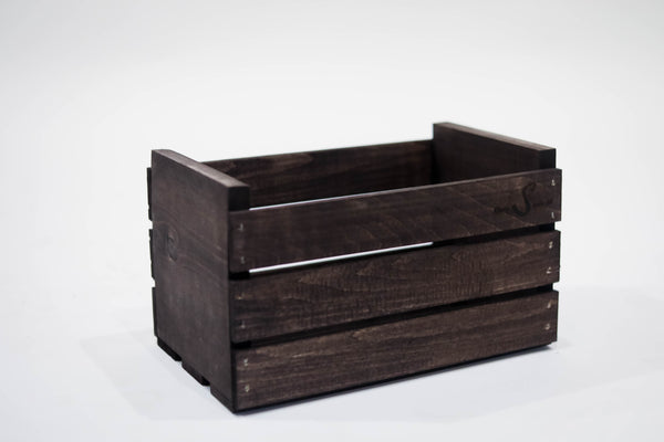 Vintage dark 45 RPM record crate, handcrafted wood box for vinyl storage