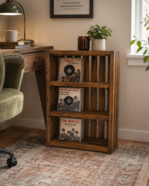 Early American wooden 45 RPM vinyl record rack with three shelves holding 7 inch records in a music room