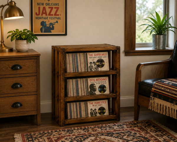 45 RPM Vinyl Record Rack – Early American 3 Shelf Record Storage Stand