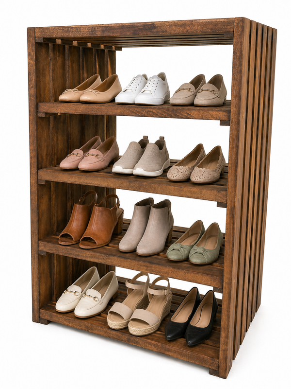 4 Tier Wooden Shoe Rack – Early American Entryway Shoe Organizer