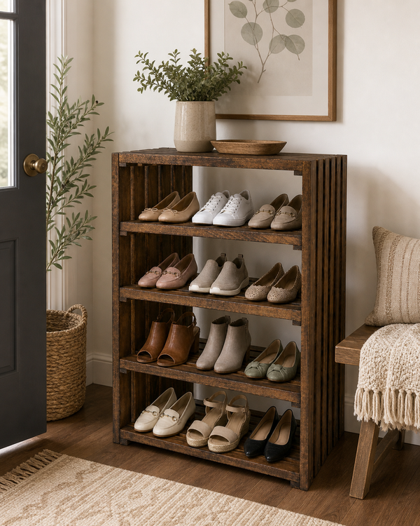 4 Tier Wooden Shoe Rack – Early American Entryway Shoe Organizer