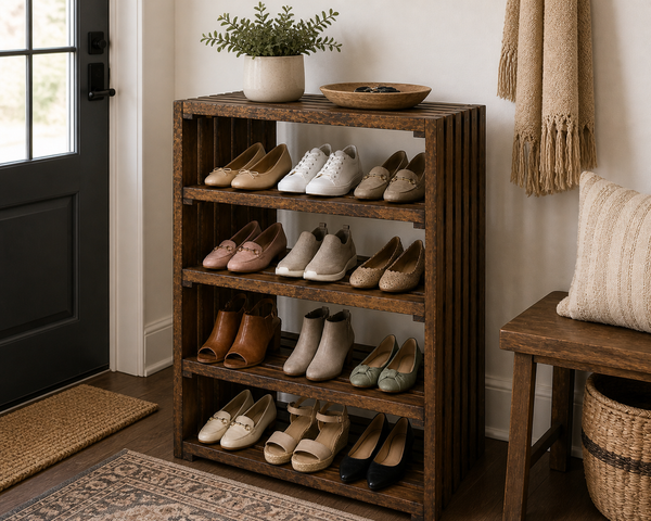 4 Tier Wooden Shoe Rack – Early American Entryway Shoe Organizer