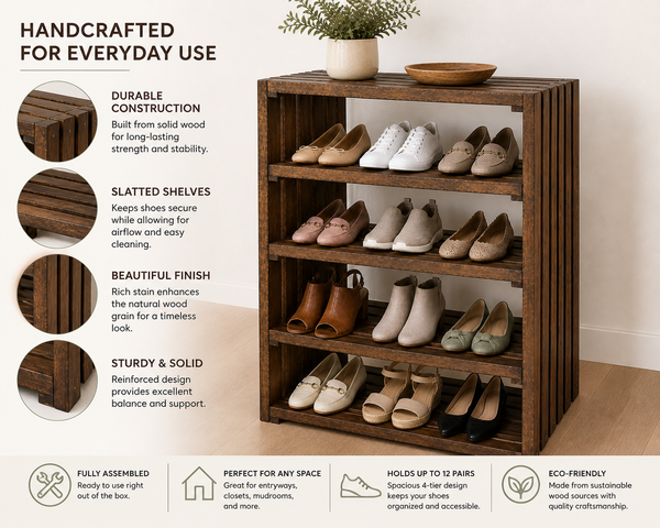 4 Tier Wooden Shoe Rack – Early American Entryway Shoe Organizer