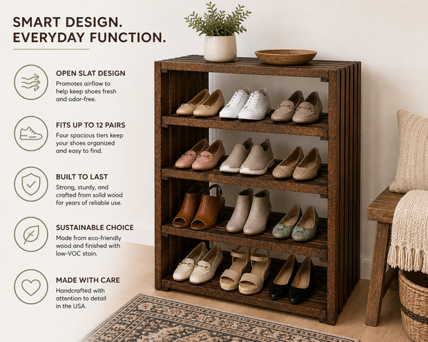 4 Tier Wooden Shoe Rack – Early American Entryway Shoe Organizer