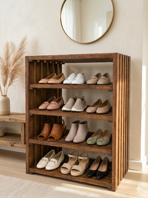 4 Tier Wooden Shoe Rack – Early American Entryway Shoe Organizer
