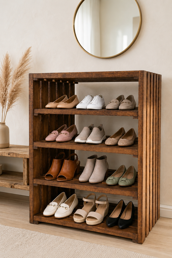 4 Tier Wooden Shoe Rack – Early American Entryway Shoe Organizer