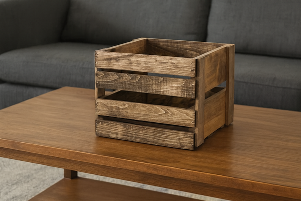 Handmade wooden crate designed for organizing 78 RPM vinyl records