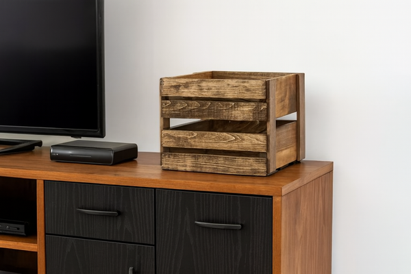 Farmhouse style 78 RPM record storage crate in a medium brown finish