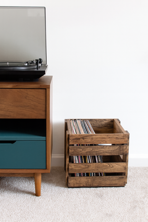 Rustic wooden 78 RPM vinyl record crate for vintage record storage