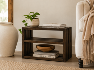 Small wooden bookshelf in Dark Walnut stain beside a desk with books and decor in a home office