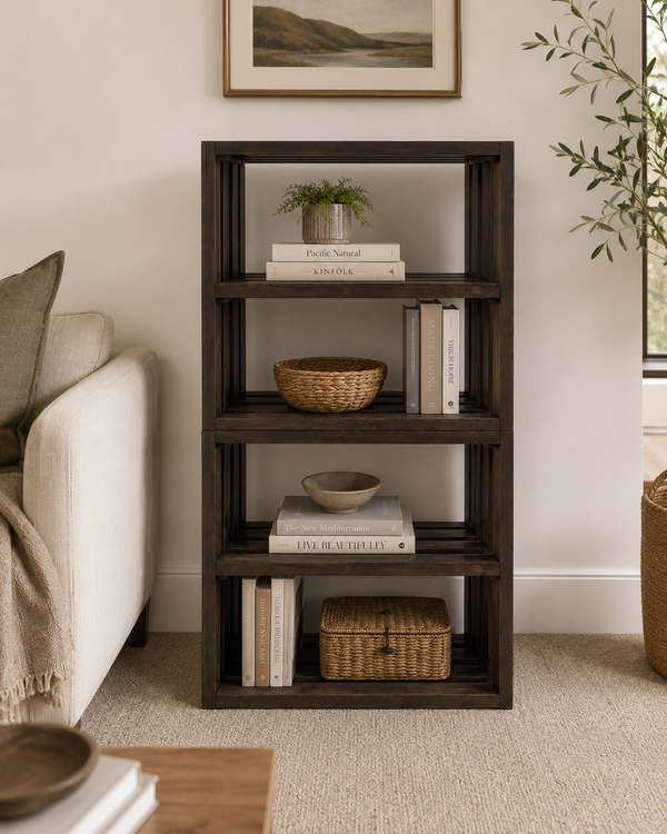 Small Wooden Bookshelf – Dark Walnut Stackable Storage Shelf