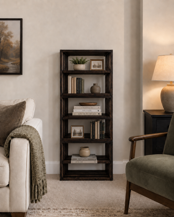 Small Wooden Bookshelf – Dark Walnut Stackable Storage Shelf