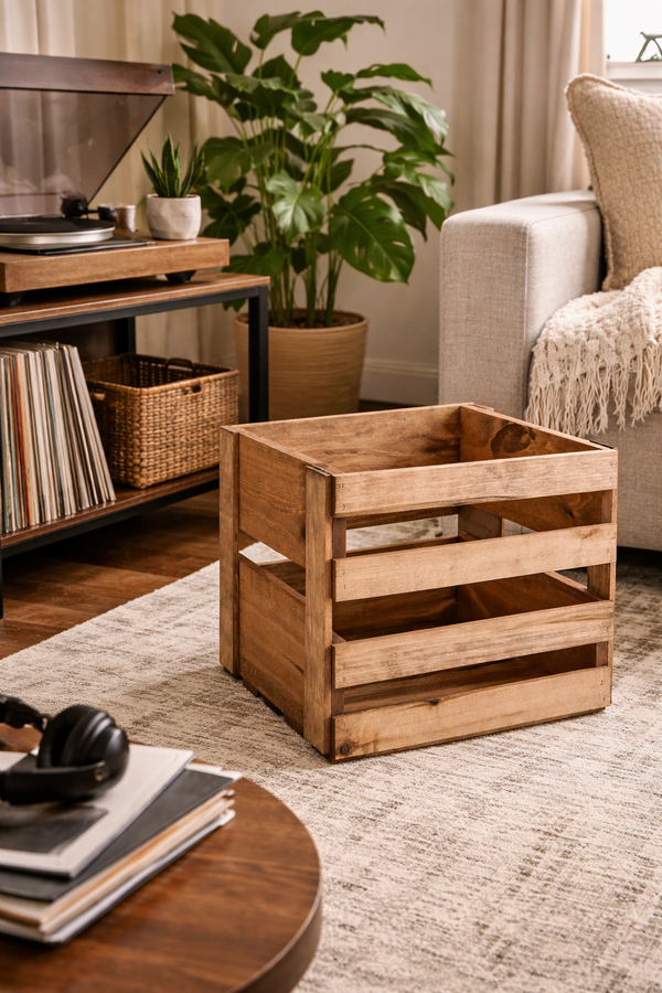 Cherry Stained Wooden Vinyl Record Crate – Handcrafted LP Storage Box for 12″ Records | Darla’s Studio 66