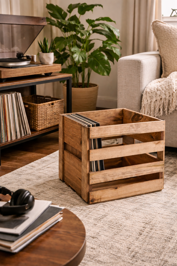Cherry Stained Wooden Vinyl Record Crate – Handcrafted LP Storage Box for 12″ Records | Darla’s Studio 66