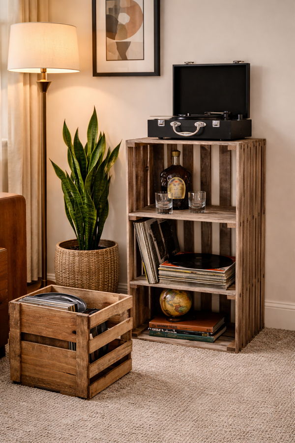 Cherry Stained Wooden Vinyl Record Crate – Handcrafted LP Storage Box for 12″ Records | Darla’s Studio 66