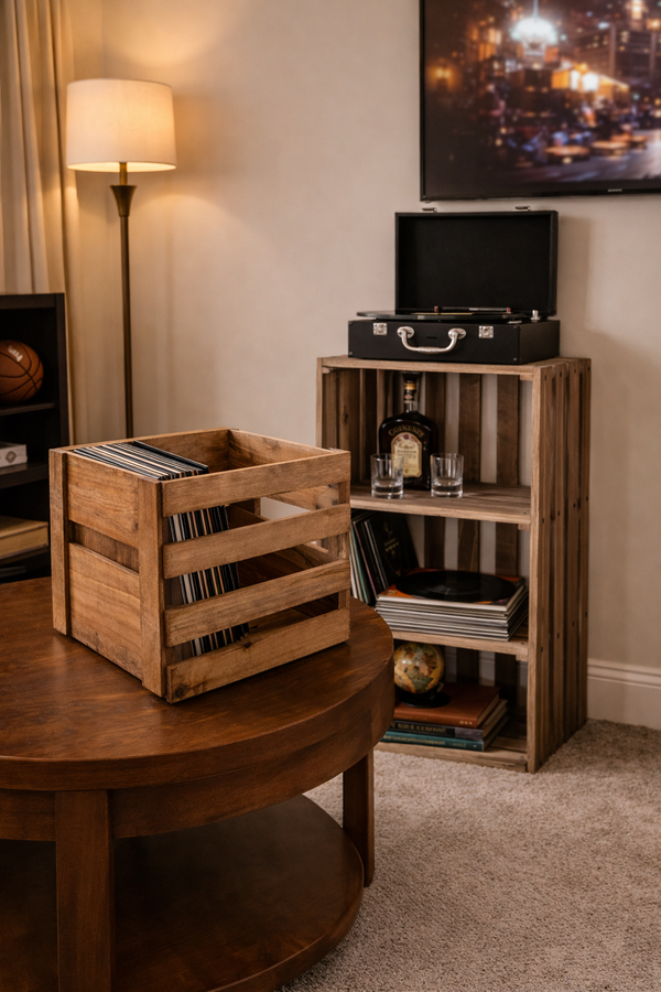 Cherry Stained Wooden Vinyl Record Crate – Handcrafted LP Storage Box for 12″ Records | Darla’s Studio 66