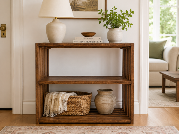Wooden Console Table – Early American Entryway Storage Shelf