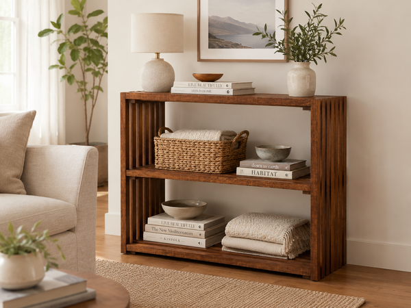 Early American wooden console table styled in an entryway with baskets, books, plants, boots, and home decor