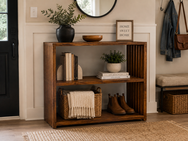 Wooden Console Table – Early American Entryway Storage Shelf
