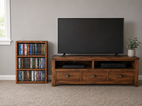 Early American wooden DVD storage rack filled with movies in a bedroom or media room