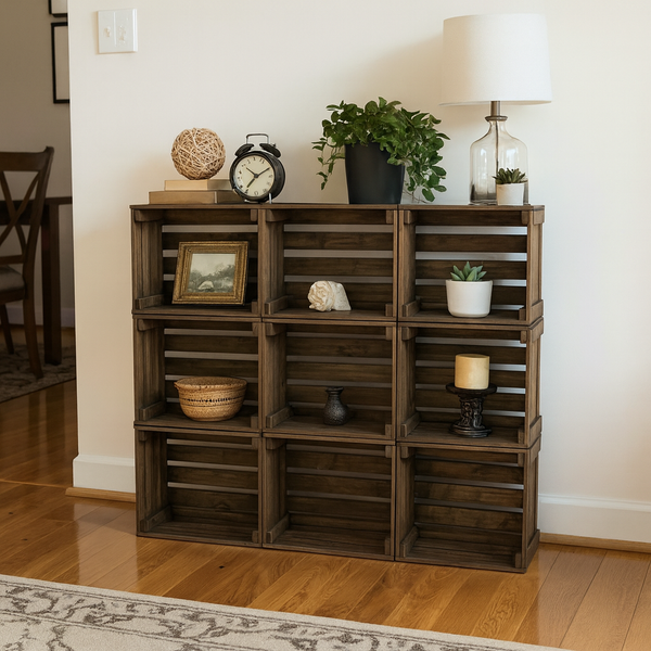 Rustic Wooden 9-Crate Storage Shelf | Farmhouse Organizer & Display
