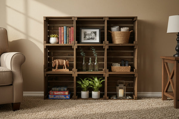 Rustic Wooden 9-Crate Storage Shelf | Farmhouse Organizer & Display