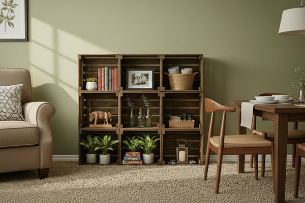 Rustic Wooden 9-Crate Storage Shelf | Farmhouse Organizer & Display