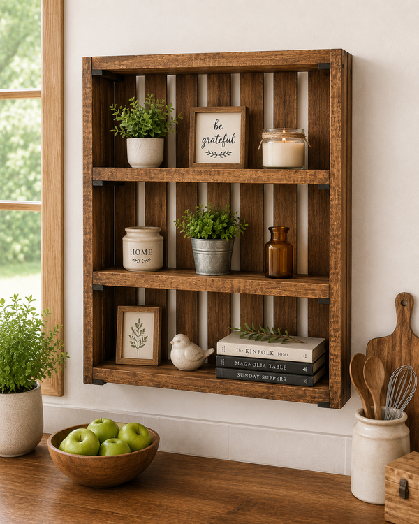 Early American wooden wall shelf with farmhouse decor, plants, candles, and books mounted on a kitchen wall