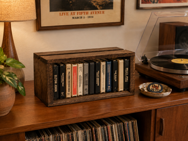 Wooden 8 Track Tape Storage Crate – Early American Retro Media Holder