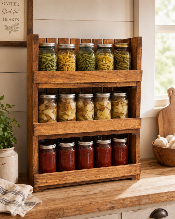 Wooden Canning Jar Storage Rack – Early American Mason Jar Pantry Shelf