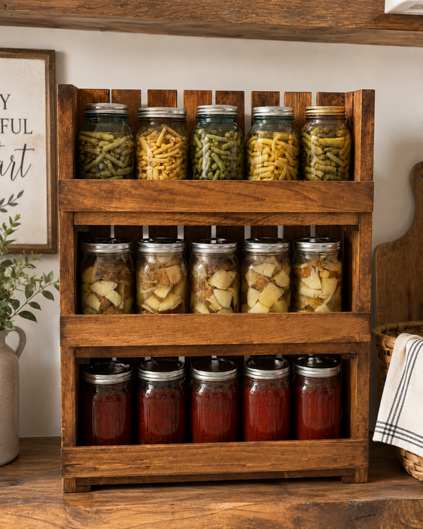 Wooden Canning Jar Storage Rack – Early American Mason Jar Pantry Shelf